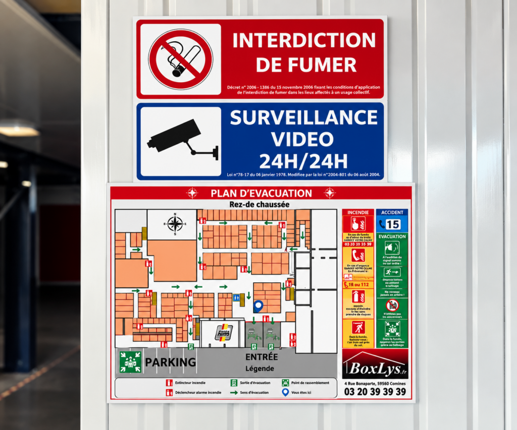 SIGNALETIQUE-PLAN EVACUATION /INTERDICTION DE FUMER/VIDEO SURVEILLANCE BOXLYS COMINES