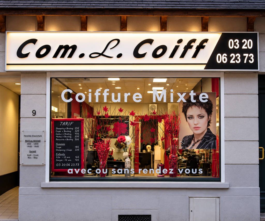 ENSEIGNE LUMINEUSE et LETTRAGE VINYLE ADHESIF - COMINES